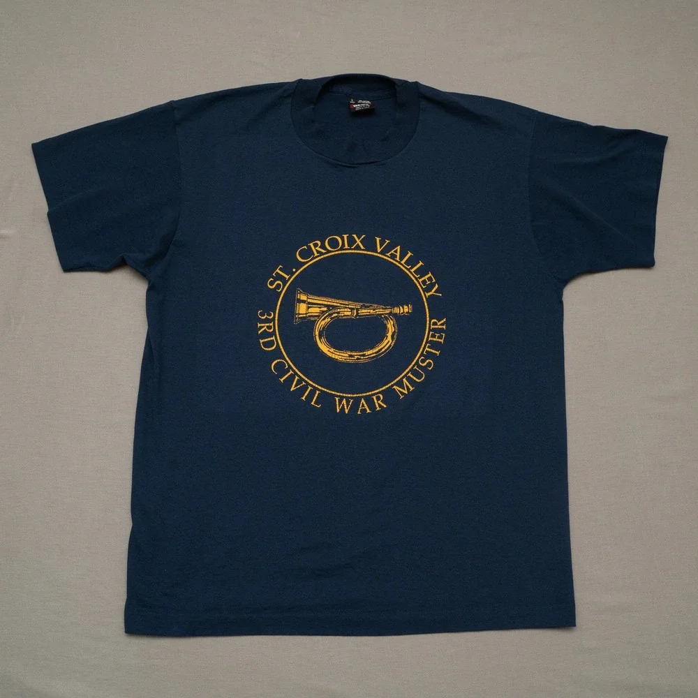 Vintage 80s 90s St Croix Valley 3rd Civil War Muster T Shirt Navy Blue Trumpet L